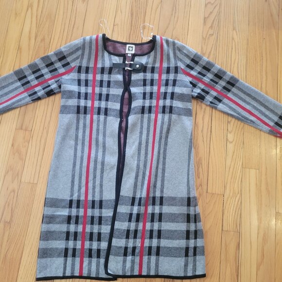 Anne Klein Womens Plaid Open Front Cardigan Coat Buckle Closure Gray/Red M - Picture 2 of 5